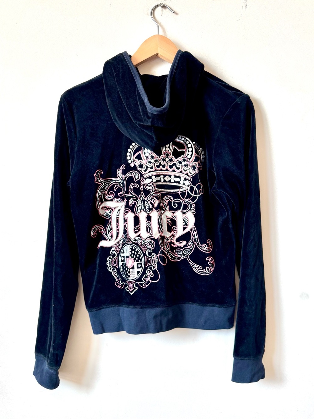 Vintage Y2K Juicy Couture XL/L Tracksuit Jacket Black Velour Hoodie Zip